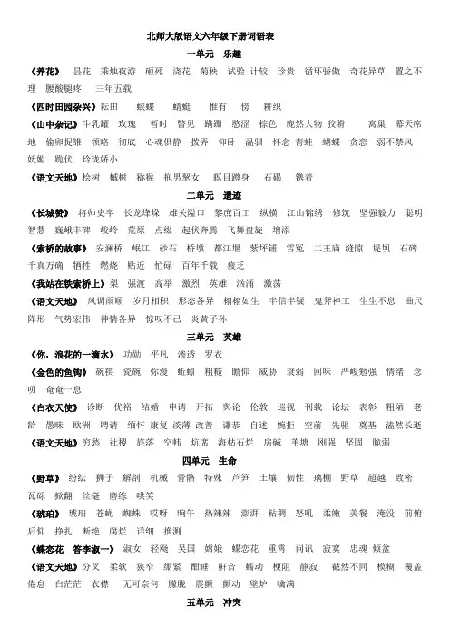 北师大版语文六年级下册词语表