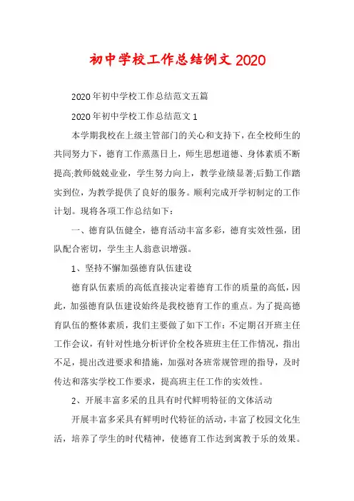 初中学校工作总结例文2020