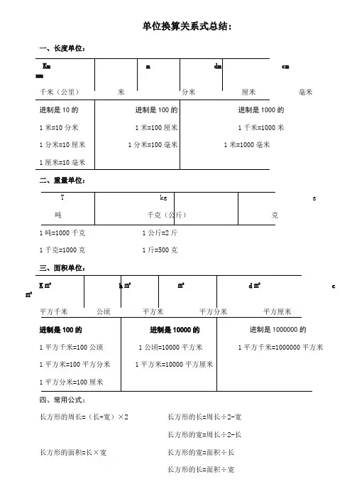 单位换算关系式总结