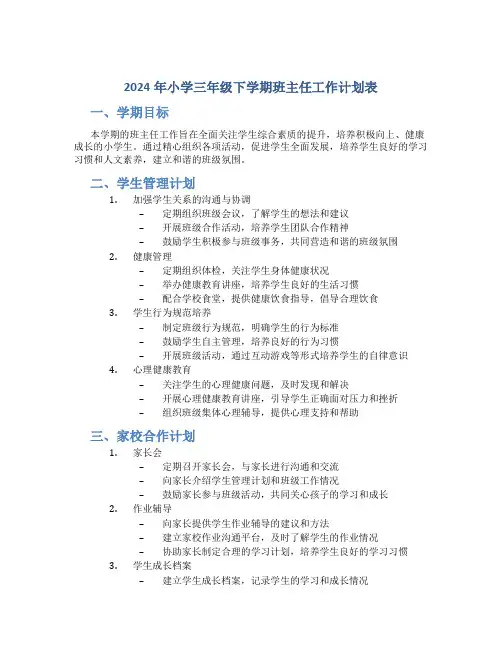 2024年小学三年级下学期班主任工作计划表