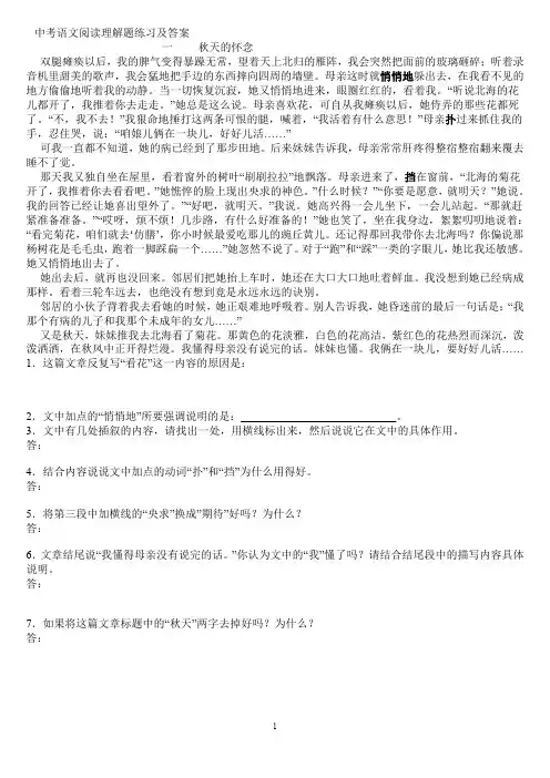 中考语文阅读理解题练习及答案