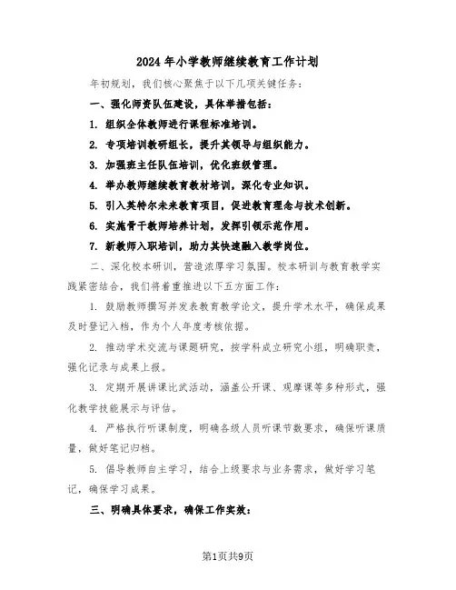 2024年小学教师继续教育工作计划（五篇）