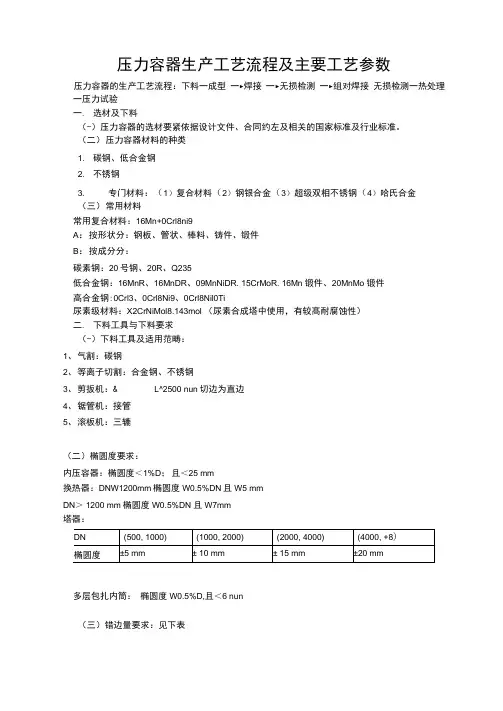 压力容器生产工艺流程及主要工艺参数
