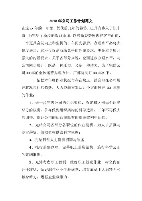 2018年公司工作计划范文