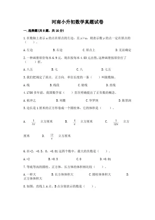 河南小升初数学真题试卷及参考答案(达标题)