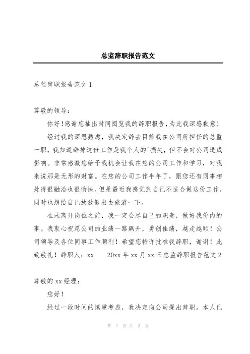 总监辞职报告范文