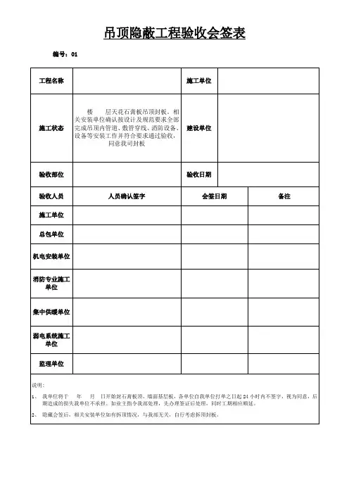 吊顶隐蔽工程验收会签表