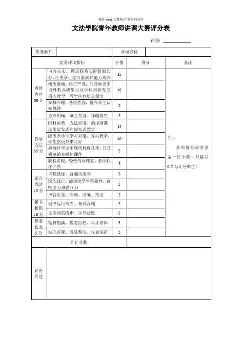 青年教师讲课大赛评分表