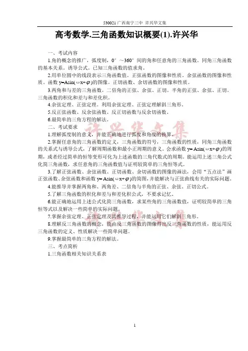 高考数学.三角函数知识概要(1).许兴华