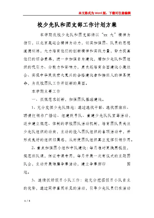 校少先队和团支部工作计划方案