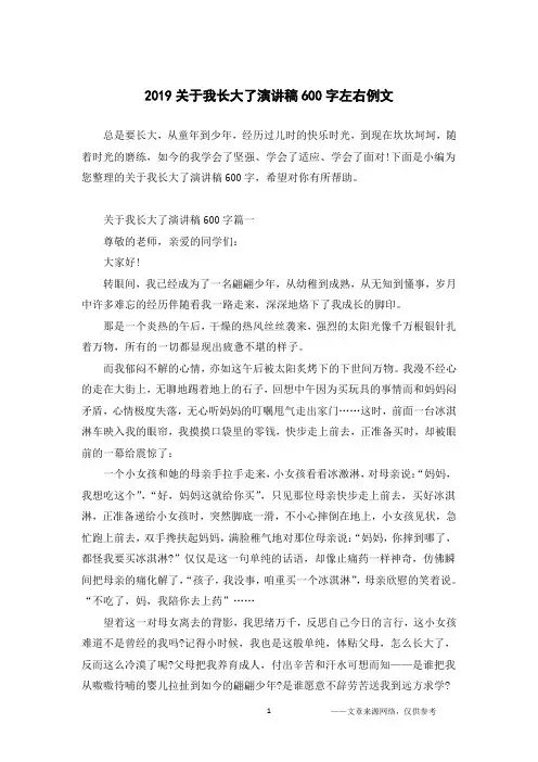 2019关于我长大了演讲稿600字左右例文
