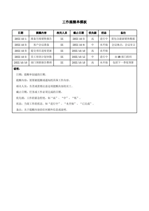 工作提醒单模板