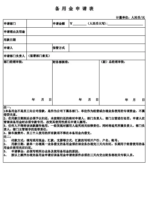 企业备用金申请表