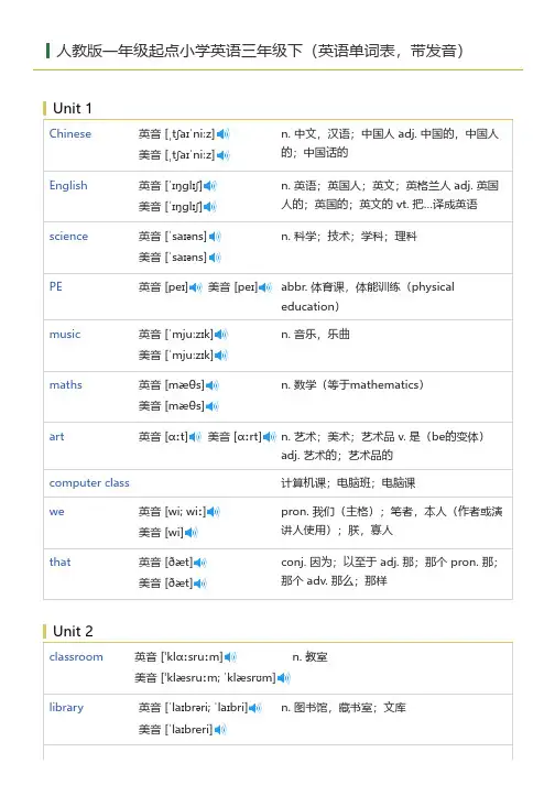 人教版一年级起点小学英语三年级下(英语单词表)