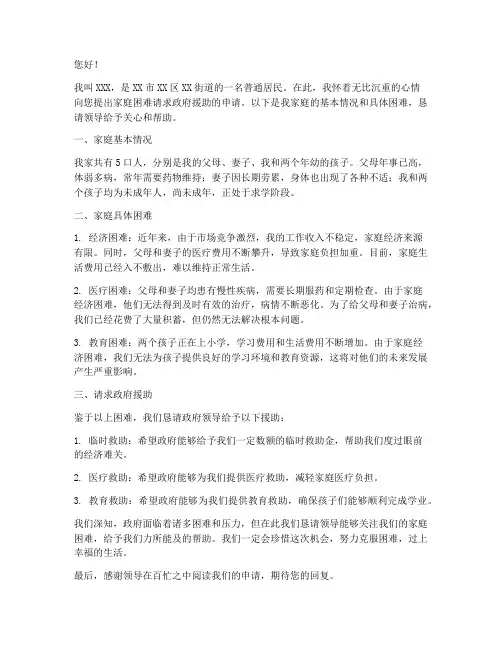家庭困难请求政府申请书