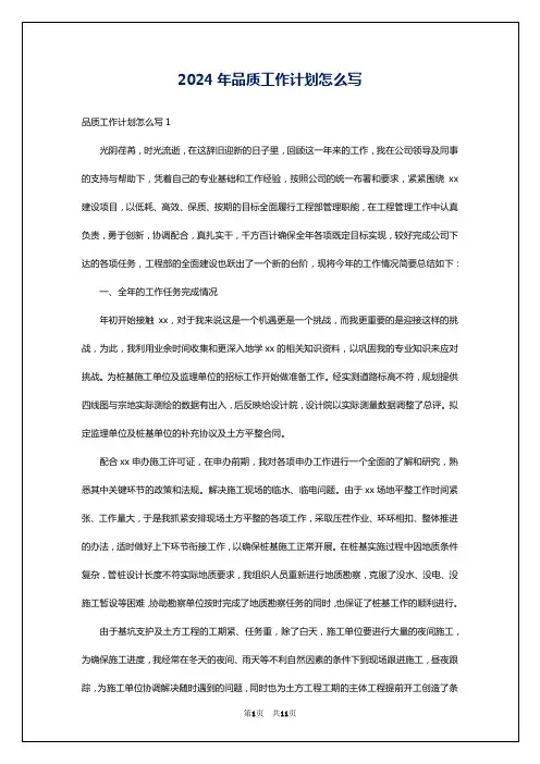 2024年品质工作计划怎么写