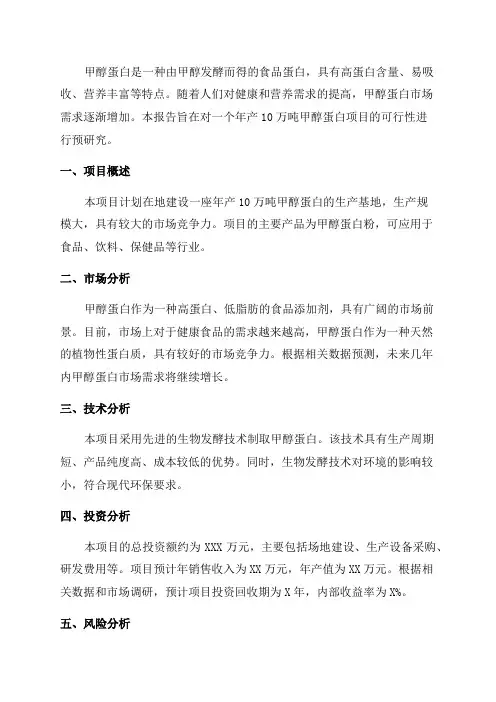 年产10万吨甲醇蛋白项目预可行性研究报告