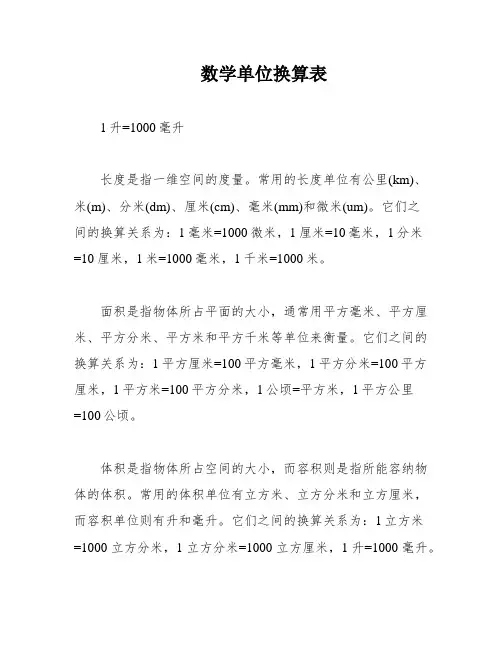 数学单位换算表
