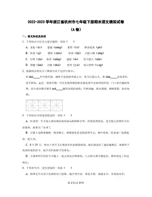 2022——2023学年浙江省杭州市七年级下学期期末语文模拟试卷AB卷(含答案)