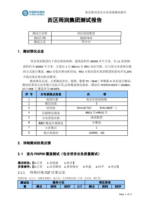 雨润集团TD室分测试报告