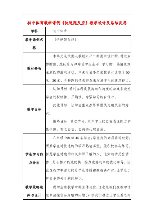 初中体育教学课例《快速跑反应》教学设计及总结反思