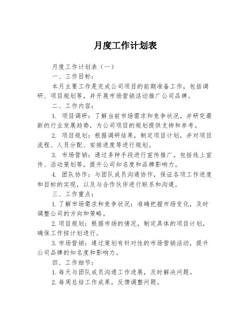 月度工作计划表