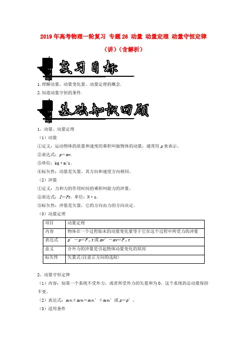 2019年高考物理一轮复习 专题26 动量 动量定理 动量守恒定律(讲)(含解析).doc