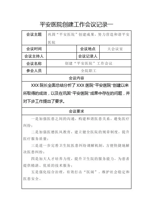 平安医院创建工作会议记录4篇