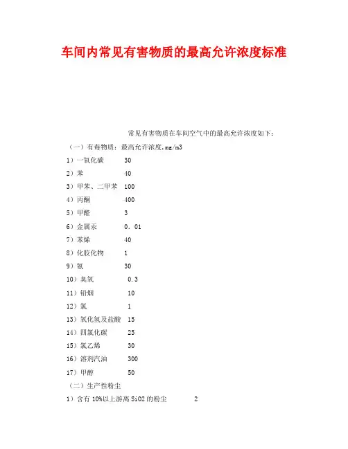 《安全管理职业卫生》之车间内常见有害物质的最高允许浓度标准