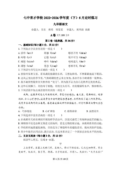 2024年四川省成都市七中育才学校中考三模语文试题