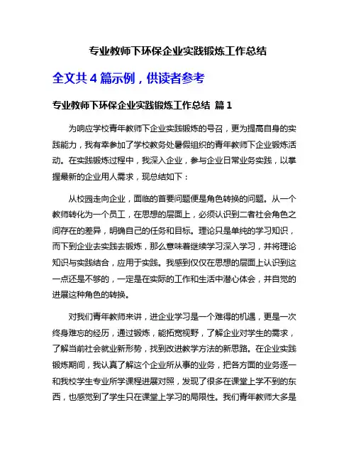 专业教师下环保企业实践锻炼工作总结