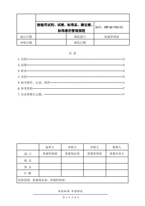 药品生产企业管理文件 SMP-QC-006-02 检验用试剂、试液、标准品、滴定液、标准液的管理规程