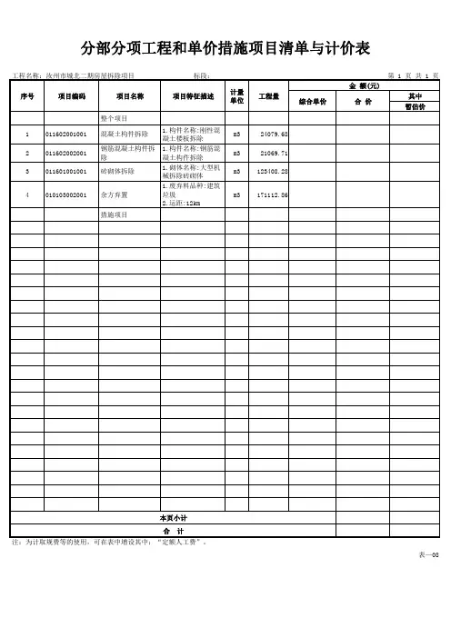 分部分项工程和单价措施项目清单与计价表