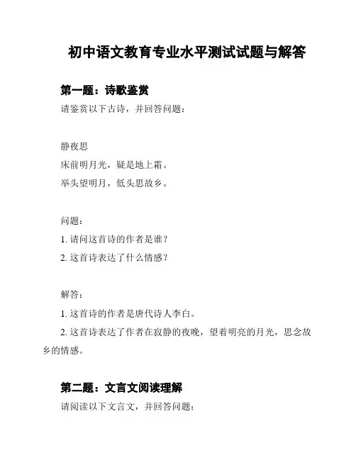 初中语文教育专业水平测试试题与解答