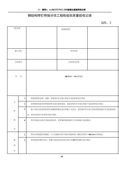 钢结构焊钉焊接分项工程检验批质量验收记录