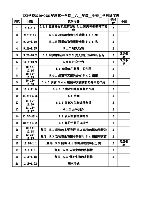 八年级生物上学期教学进度表