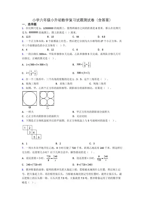 小学六年级小升初数学复习试题测试卷(含答案)