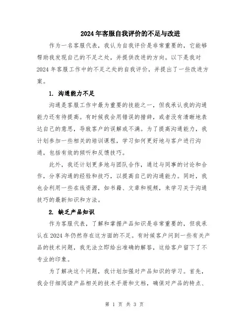 2024年客服自我评价的不足与改进