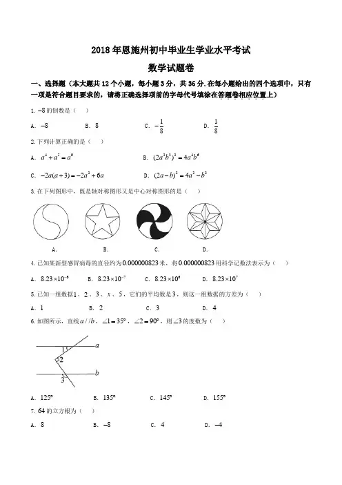 湖北省恩施州2018年中考数学试题真题卷word版