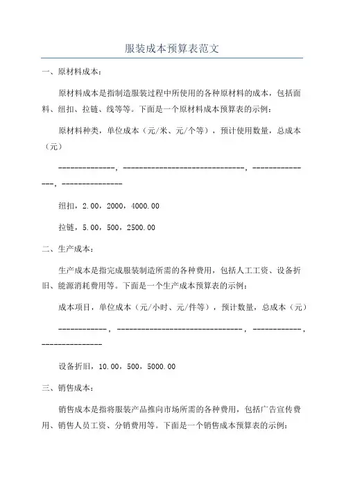 服装成本预算表范文
