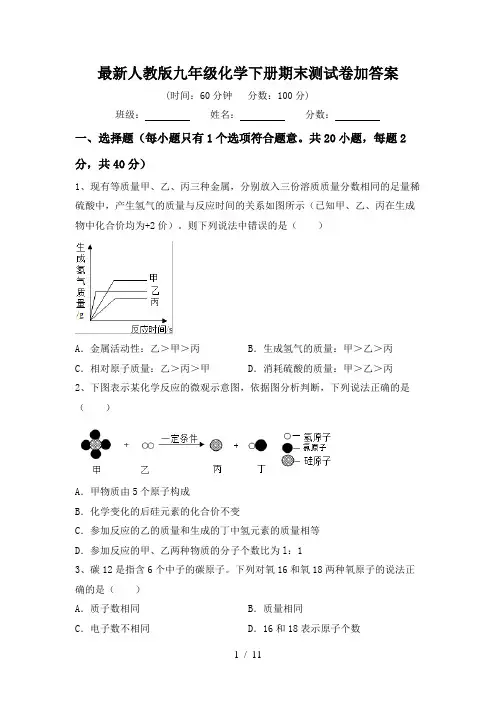 最新人教版九年级化学下册期末测试卷加答案