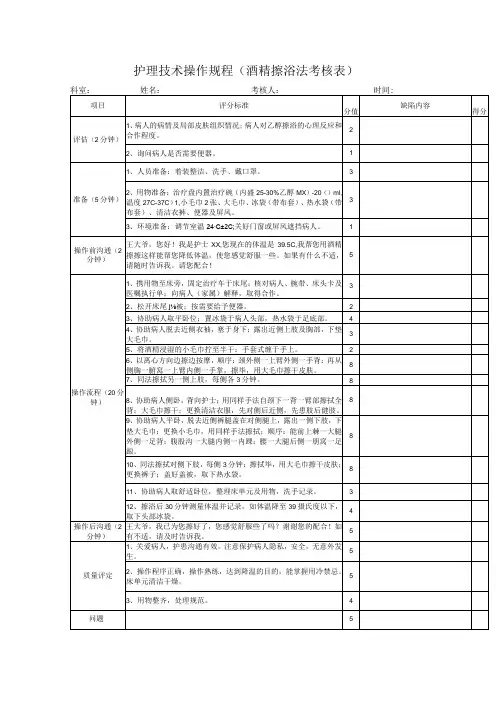 护理技术操作规程(酒精擦浴法考核表)