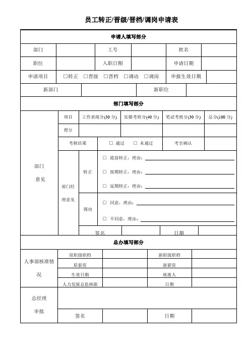 员工转正、晋级、晋档、调动、调岗申请表-精品完整版