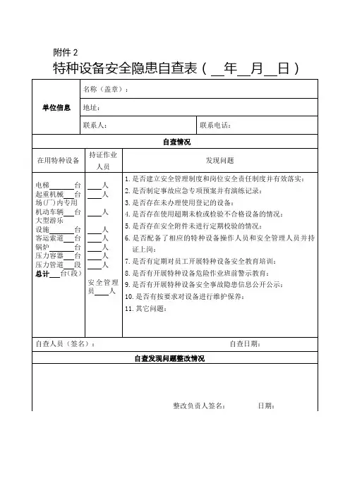 特种设备安全隐患自查表