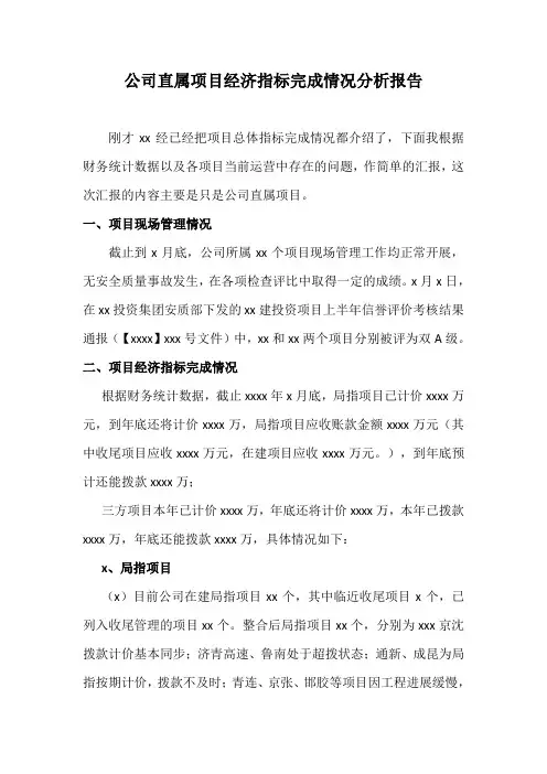 公司直属项目经济指标完成情况分析报告  (领导讲话发言稿件)