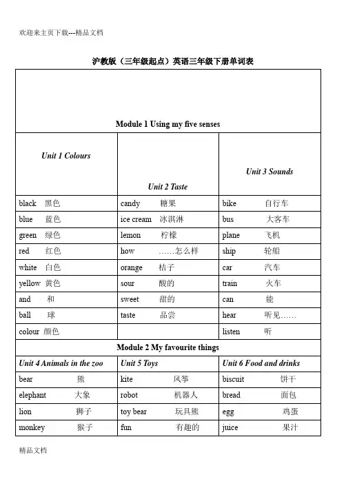 沪教版(三年级起点)英语三年级下册单词表