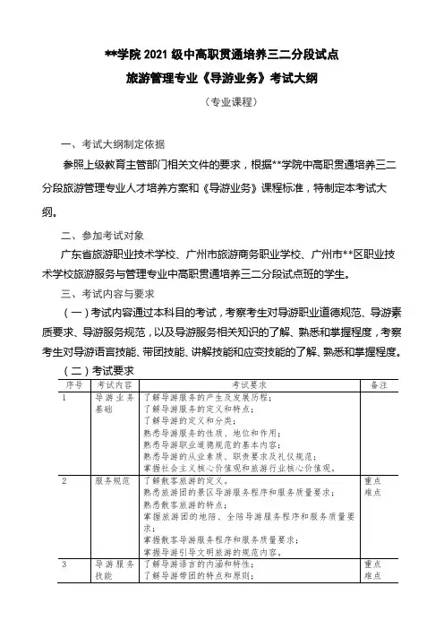 广州番禺职业技术学院2021级中高职贯通培养三二分段试点旅游管理专业《导游业务》考试大纲【模板】