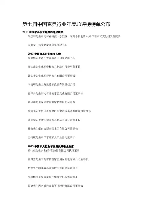 第七届中国家具行业年度总评榜榜单公布