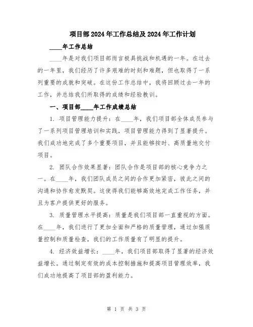 项目部2024年工作总结及2024年工作计划