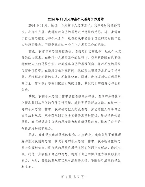2024年11月大学生个人思想工作总结